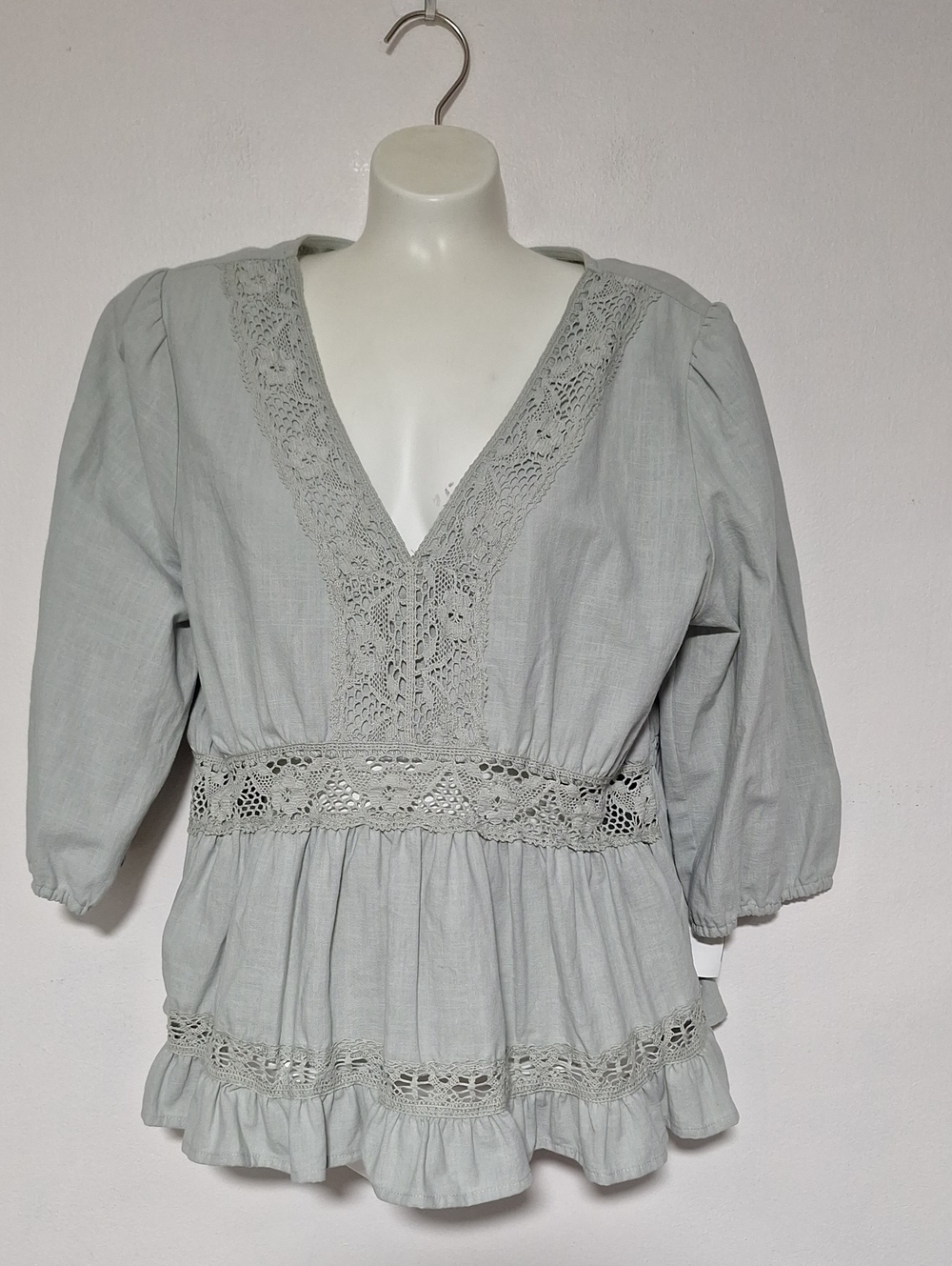 Falls Creek Lace-Trim V-Neck Peasant Top in Light Sage